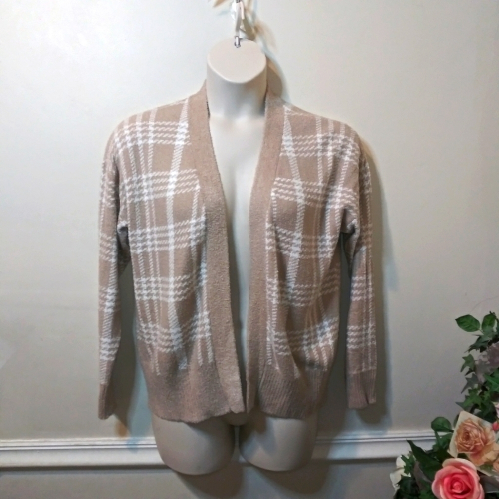 LAST CHANCE-Joie Tan & White Houndstooth Plaid Open Front Cardigan Sweater